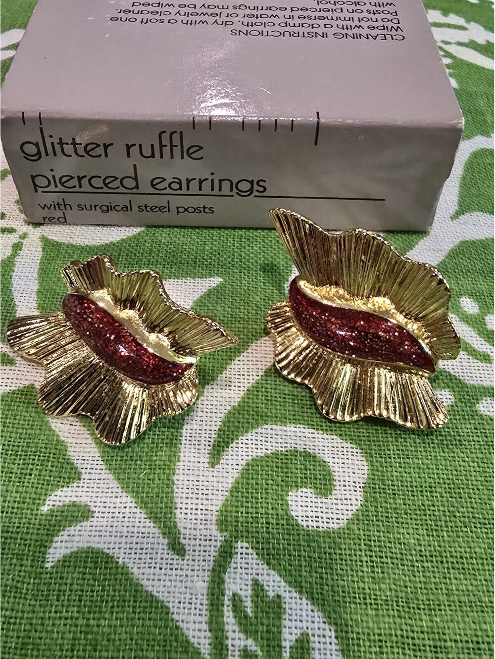Vintage Avon Gold Tone  Red Glitter Ruffle Pierced Earrings 1990 90s